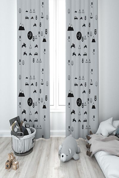 MEKTA HOME Baby and Children's Room Gray Tracker Patterned Two Wing Background Curtain Mkt-280