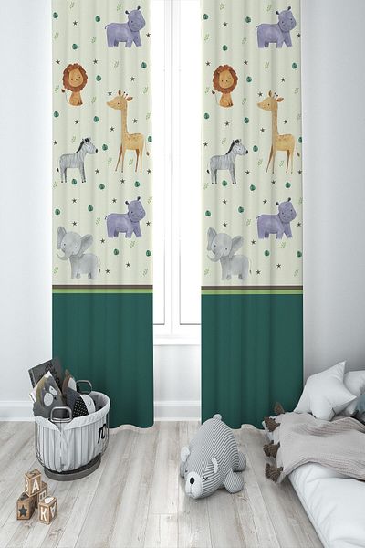 MEKTA HOME Baby and Children's Room Safari Patterned Two Wing Background Curtain Mkt-372