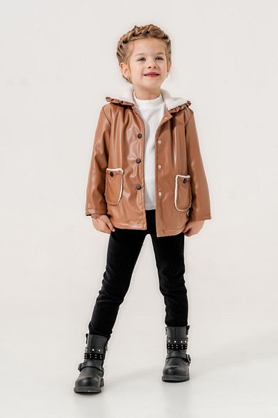 Minigimin Cicileri Girl's Little Flowers - Welsoft Leather, Coat Pocket Detailed Set, Brown