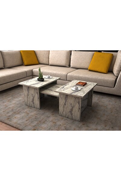 AYMOBSAN Alina Orta Sehpa 3'lü Zigon Takım, Modern, 90 Cm , Mermer Desenli (f...