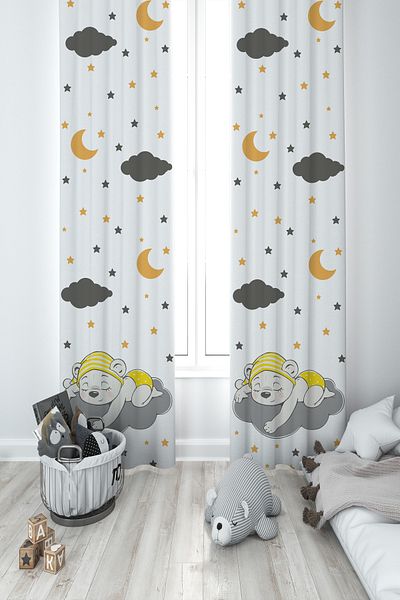 MEKTA HOME BABY AND KIDS ROOM Cute Sleeping Bear Patterned 2 Wings Background Curtain