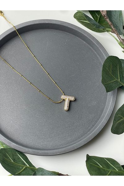Poison Accessories Gold Color Zircon Stone Steel Balloon Necklace - Letter "T"