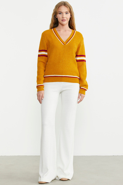 Sementa V Yaka Çizgi Kombinli Triko Kazak - Güneş