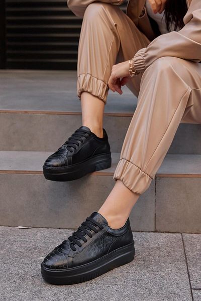 NILUFARR Russi Black Genuine Leather Women's Sneakers