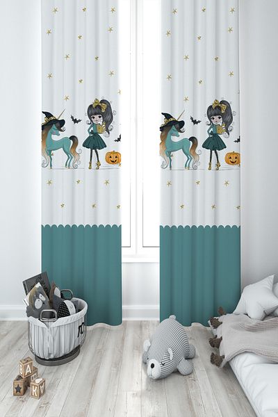 MEKTA HOME BABY AND KIDS ROOM Honey Pumpkin Unicorn Patterned 2 Wing Background Curtain