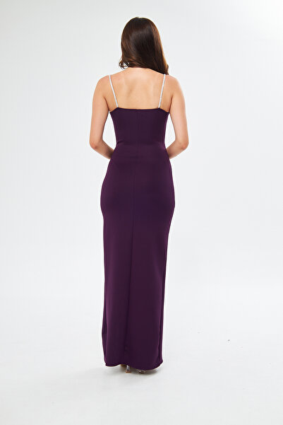 bayansepeti Fialová potápěčská tkanina s nízkým střihem a rozparkem s detailním designovým řemínkem pro maxi šaty 582513