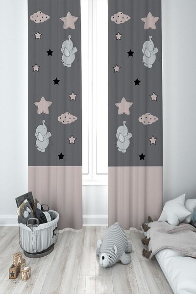 MEKTA HOME Baby and Children's Room Elephant and Star Balloon Two Wings Background Curtain Mkt-306