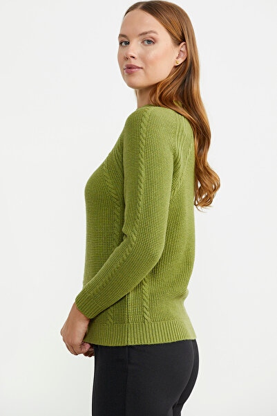 Sementa Green Stand Collar Knitwear Sweater - Woolen Motif Detail