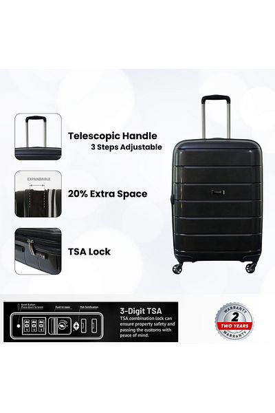 Rower Hardcase PP TSA Suitcase,Unbreakable Expandable 4 Double Wheels,4Pcs Luggage Trolley Set BLK