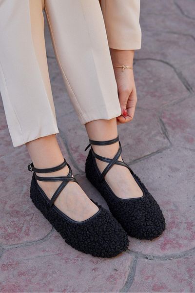 NILUFARR Crema Black Genuine Leather Plush Ballerinas