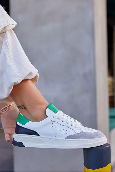 NILUFARR Marsel White Green Genuine Leather Women's Sneakers