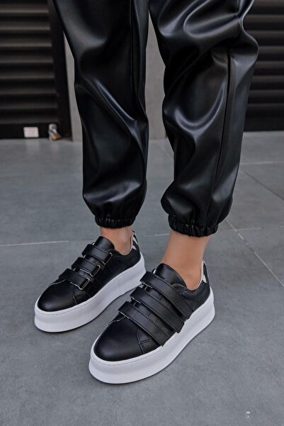 NILUFARR Mila Siyah Hakiki Deri Zebra Detaylı Cırt Bantlı Kadın Sneaker