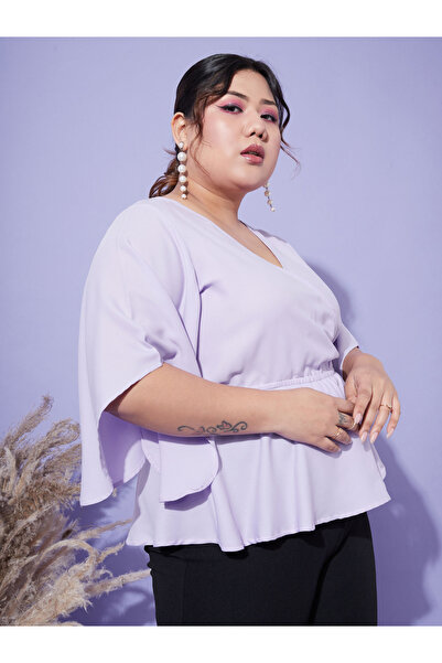 Sassafras By Styli Plus Solid Wrap Top with Bell Sleeves