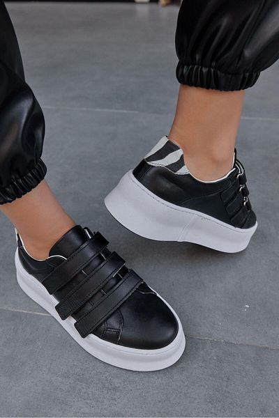 NILUFARR Pantofi de damă Mila, din piele naturală, neagră, cu detaliu zebră, cu velcro