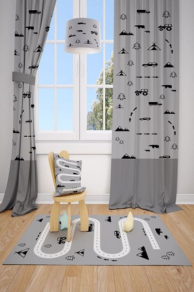 MEKTA HOME Gray Cars And Arrows Children's and Baby's Room Background Curtain 2 Wings Mkt-152
