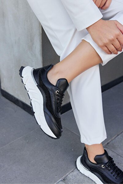 NILUFARR Γυναικείο αθλητικό παπούτσι Hilary Black από γνήσιο δέρμα πέτρα