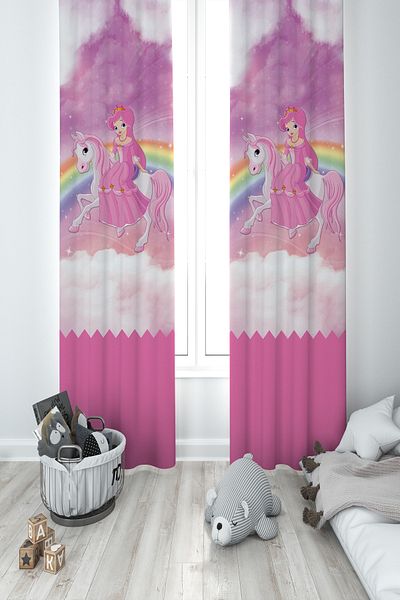 MEKTA HOME BABY AND KIDS ROOM Rainbow and Unicorn Patterned 2 Wing Background Curtain