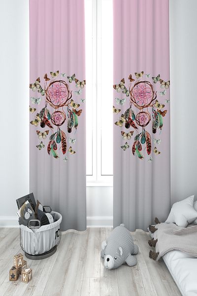 MEKTA HOME BABY AND KIDS ROOM Butterfly Patterned Pink 2 Wing Background Curtain