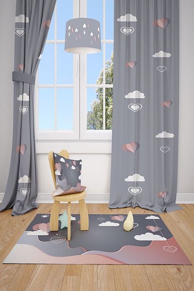 MEKTA HOME Heart And Cloud Balloon Children's and Baby's Room Background Curtain 2 Wings Mkt-142