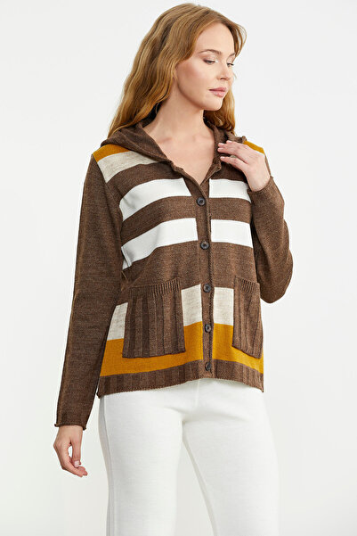 Sementa Μάλλινο Πλεκτό Μπουφάν Milky Brown Color Block - Με κουμπί