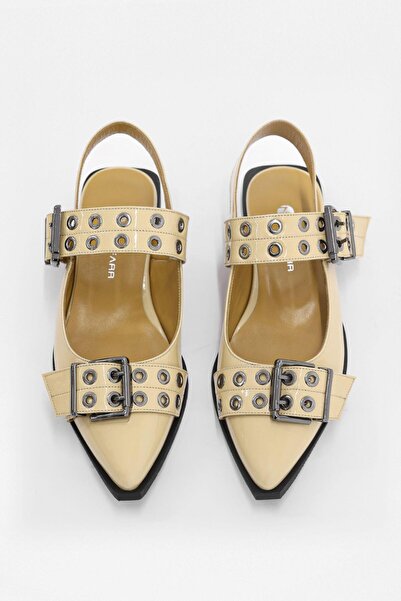 NILUFARR Asos Bej Rugan Hakiki Deri Kemer Aksesuarlı Babet