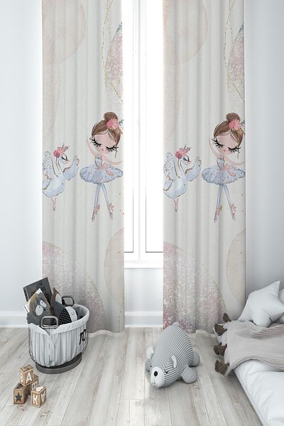 MEKTA HOME BABY AND KIDS ROOM Swan and Ballerina Patterned 2 Wing Background Curtain