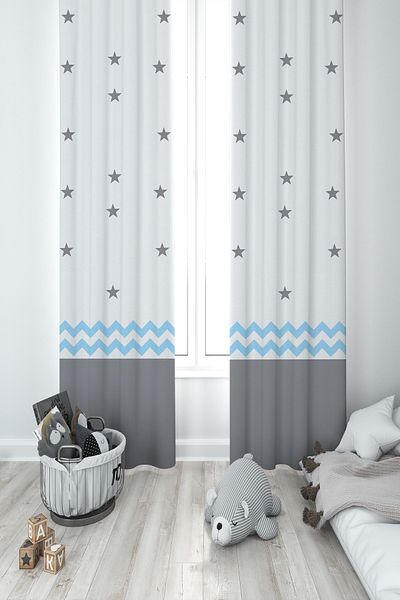 MEKTA HOME BABY AND KIDS ROOM Gray Blue Star Patterned 2 Wing Background Curtain