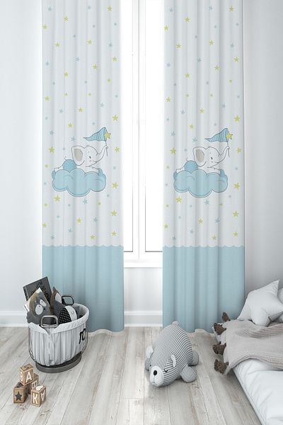 MEKTA HOME BABY AND KIDS ROOM 2 Wings Background Curtain with Flying Elephant Pattern on Cloud
