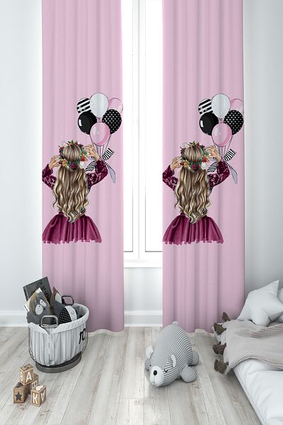 MEKTA HOME BABY AND KIDS ROOM Princess Girl and Bow Balloon Patterned 2 Wings Background Curtain