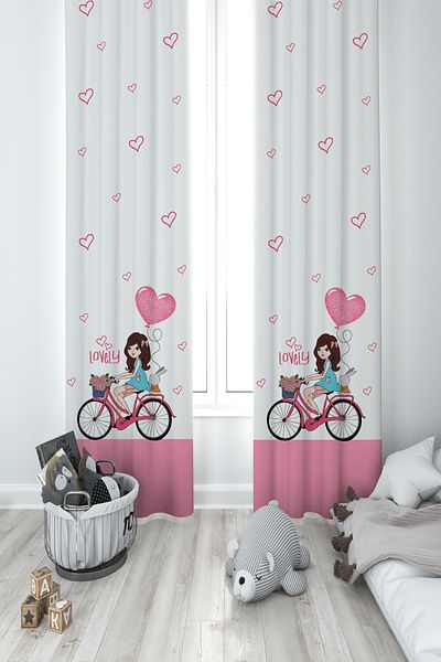 MEKTA HOME BABY AND KIDS ROOM Girl on a Bicycle and Heart Balloon Patterned 2 Wings Background Curtain