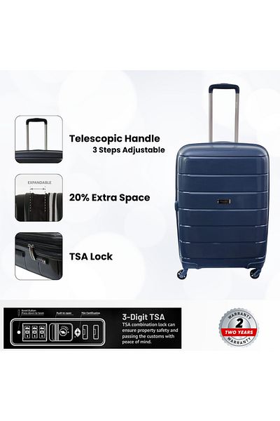Rower Hardshell PP TSA Lock Suitcase, Unbreakable Expandable Bags, 4 Pcs Luggage Trolley Set Navy