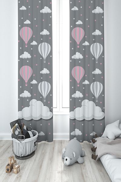 MEKTA HOME BABY AND KIDS ROOM Large Cloud and Flying Balloon Patterned 2 Wing Background Curtain