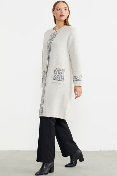 Sementa Cardigan lung de tricotaje de lână de buzunar de culoare bej