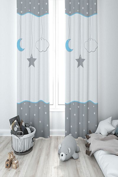 MEKTA HOME Baby and Children's Room Moon Star Balloon Two Wings Background Curtain Mkt-209