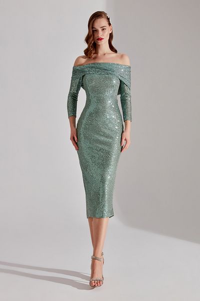 BETTY & SAM NATALIA Sequined Water Green Off Shoulder Pencil Skirt Evening Gown