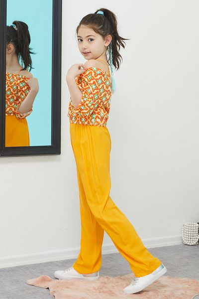 Cansın Mini Girl's Set with Orange Patterned Blouse and Trousers 15388
