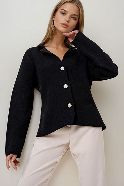 VAGGON Women's Black Pearl Buttoned Stitching Detailed Woven Knitwear Jacket Prm1150