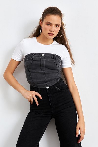 YOUR NAME Straight Collar Belted Anthracite Women's Denim Crop Top