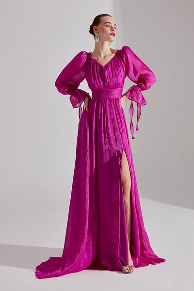 BETTY & SAM Fuchsia V-Neck Slit Evening Dress - ANIKA