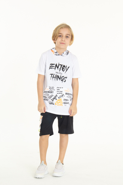 Cansın Mini Set pantaloni scurți cu glugă imprimați Enjoy pentru băieți 14048