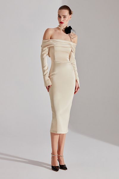 BETTY & SAM Nancy Champagne Off-shoulder Pencil Skirt Dress