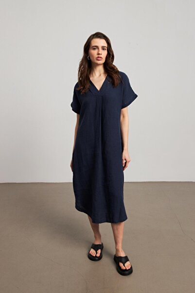 YOUR NAME Rochie lungă de in, oversize, cu decolteu în V, albastru bleumarin