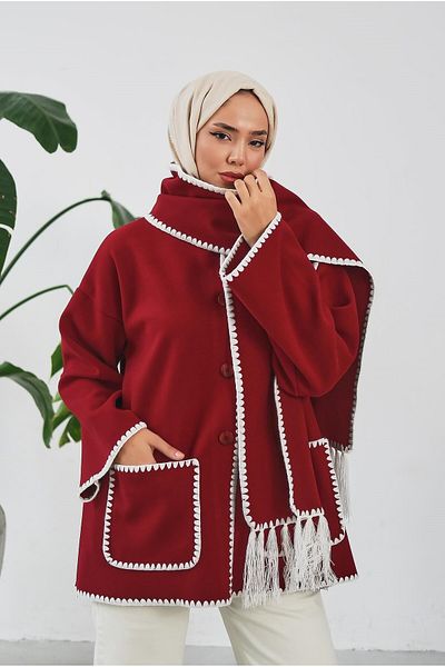 ELİSA Embroidery Detailed Scarf Soft Stamp Coat