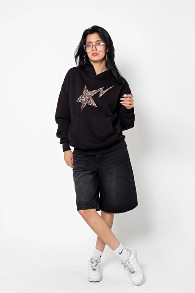 Bak Moda Leopard Falling Star Štampano Oversize kroj Unisex Premium crna maji...