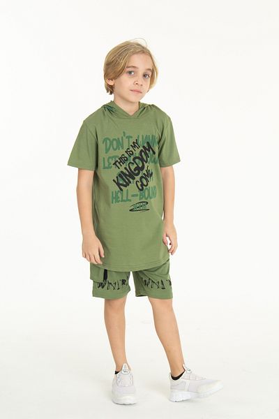 Cansın Mini Boy's Kingdom Written Hooded Shorts Set 14066