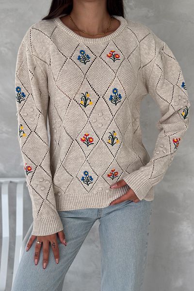 FEMELLE Pulover de damă, bej, mărime standard, brodat, tricotaj