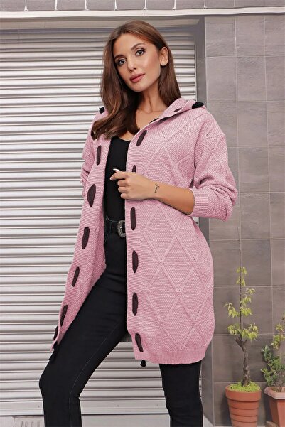 TRQOM سترة وردية منقوشة بغطاء للرأس مع زخرفة مخططة