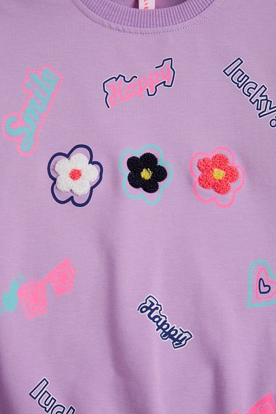 Cansın Mini Lilac Flower Embroidered Long Sleeve Girl's Sweatshirt 16307