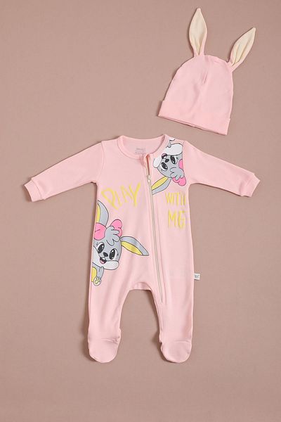 Cansın Mini Rabbit Printed Eared Baby Girl Jumpsuit Set 16131