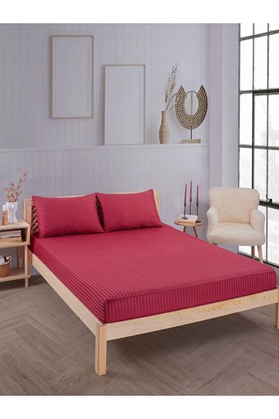 Mrs.Gugar Claret Red Cotton Striped Satin Elastic Sheet Set Single + 1 Pillowcase